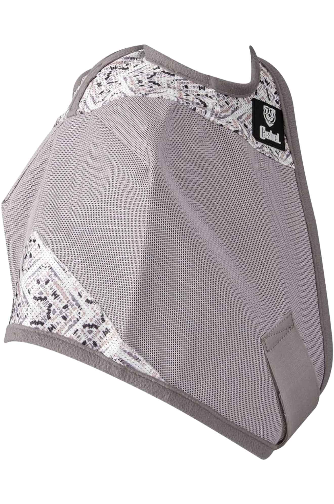 A gray horse fly mask covering the horse's eyes and head, with an open design at the front.