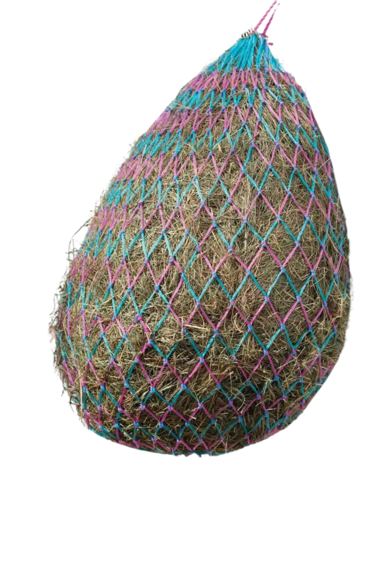 A deluxe hay net with metal rings, hanging, and made of a textile material with a checkered pattern.