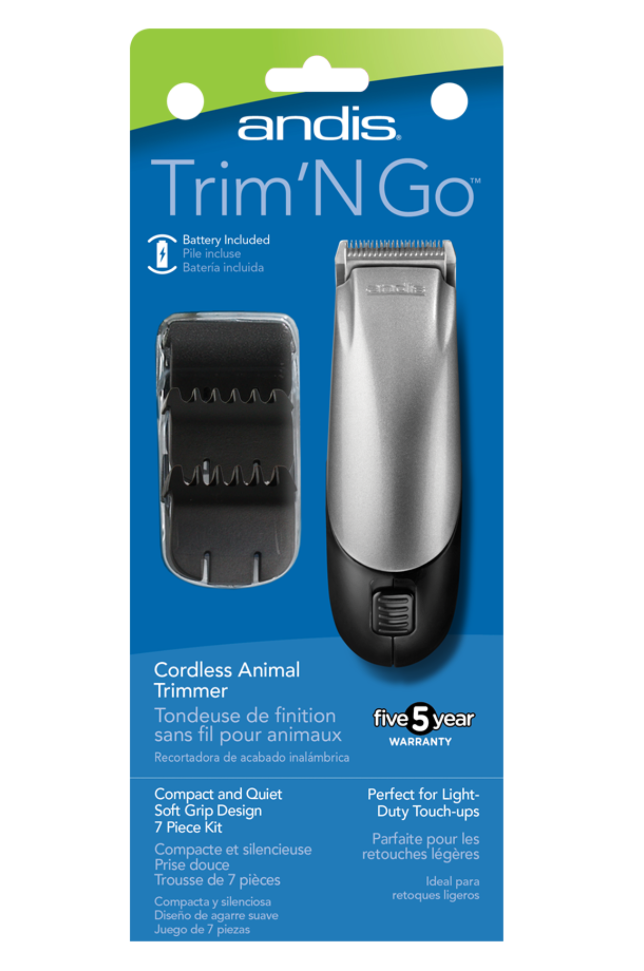 Cordless clipper by ANDIS, predominantly silver and black in color, with a detachable blade guard.