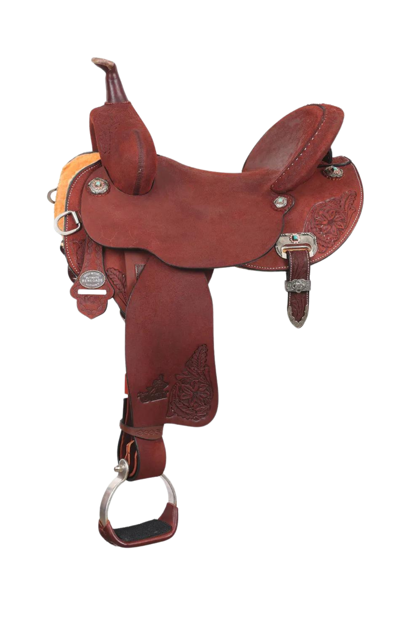 A red leather saddle with roughout hardseat and barbwire flower conchos, designed for barrel racing.