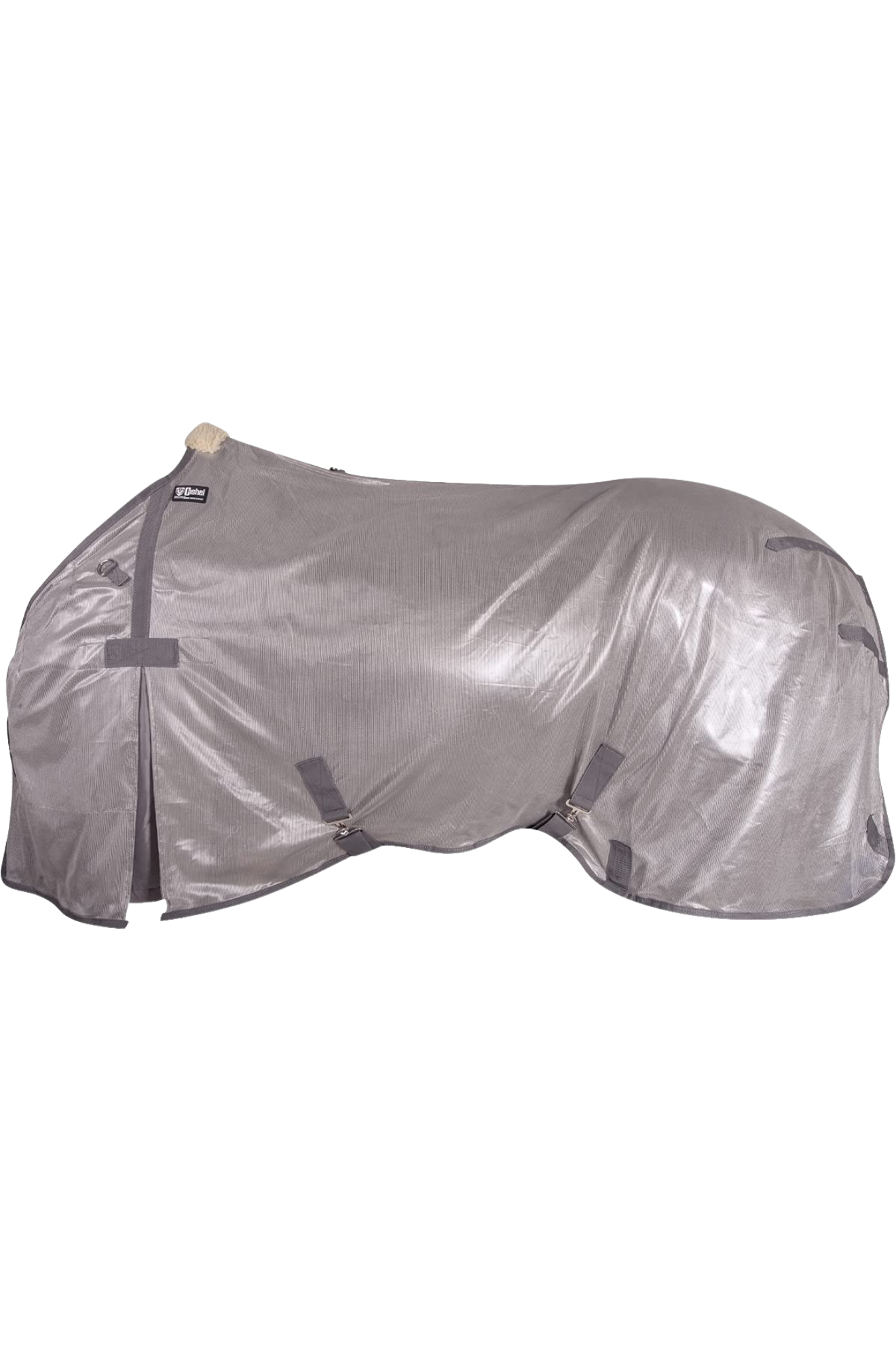 A gray horse fly sheet with fleece lining and adjustable straps.