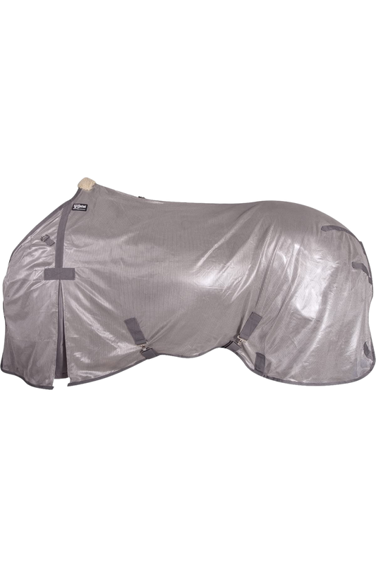 A gray horse fly sheet with fleece lining and adjustable straps.