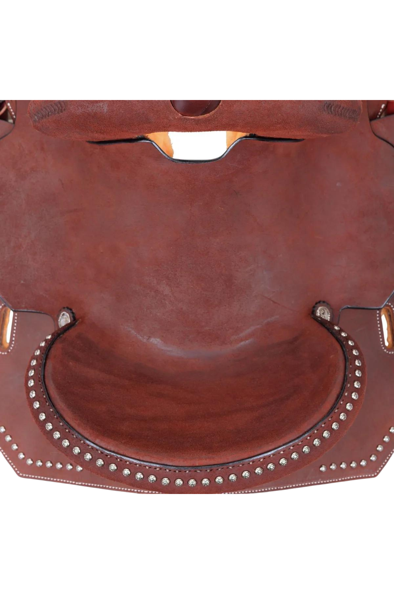 A brown Circle Y Redwood Barrel Saddle featuring chestnut roughout leather, gunmetal conchos, and a hardseat.