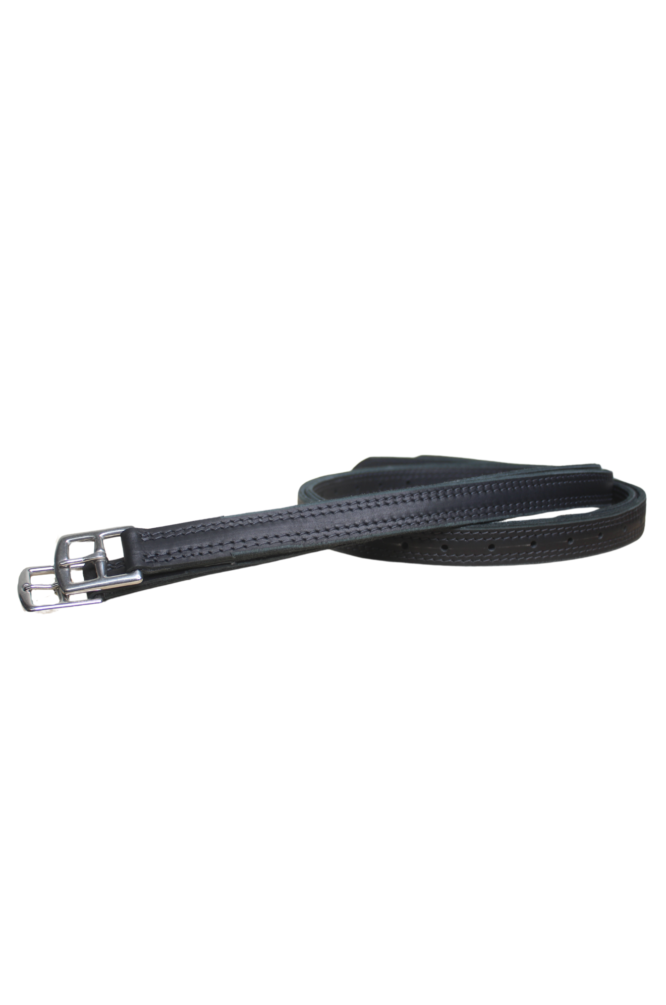 A black exercise leather stirrup for horses, showing the side profile with reinforced stitching and a metal buckle.