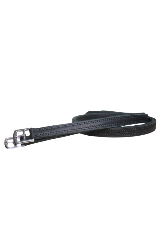 A black exercise leather stirrup for horses, showing the side profile with reinforced stitching and a metal buckle.