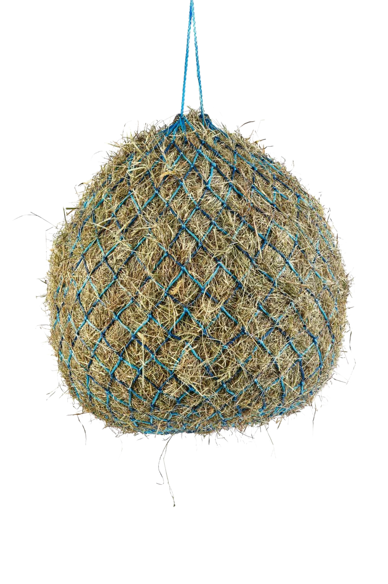 A deluxe hay net with metal rings, hanging, and made of a textile material with a checkered pattern.