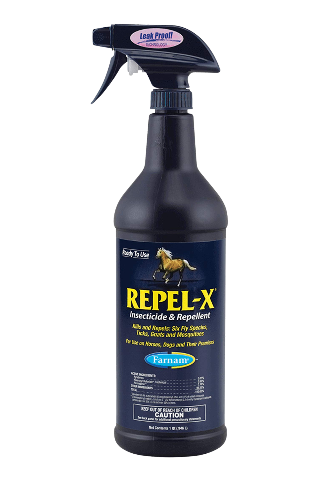 A black spray bottle labeled REPEL-X with yellow and white text detailing the product's use for insecticide and repellent.