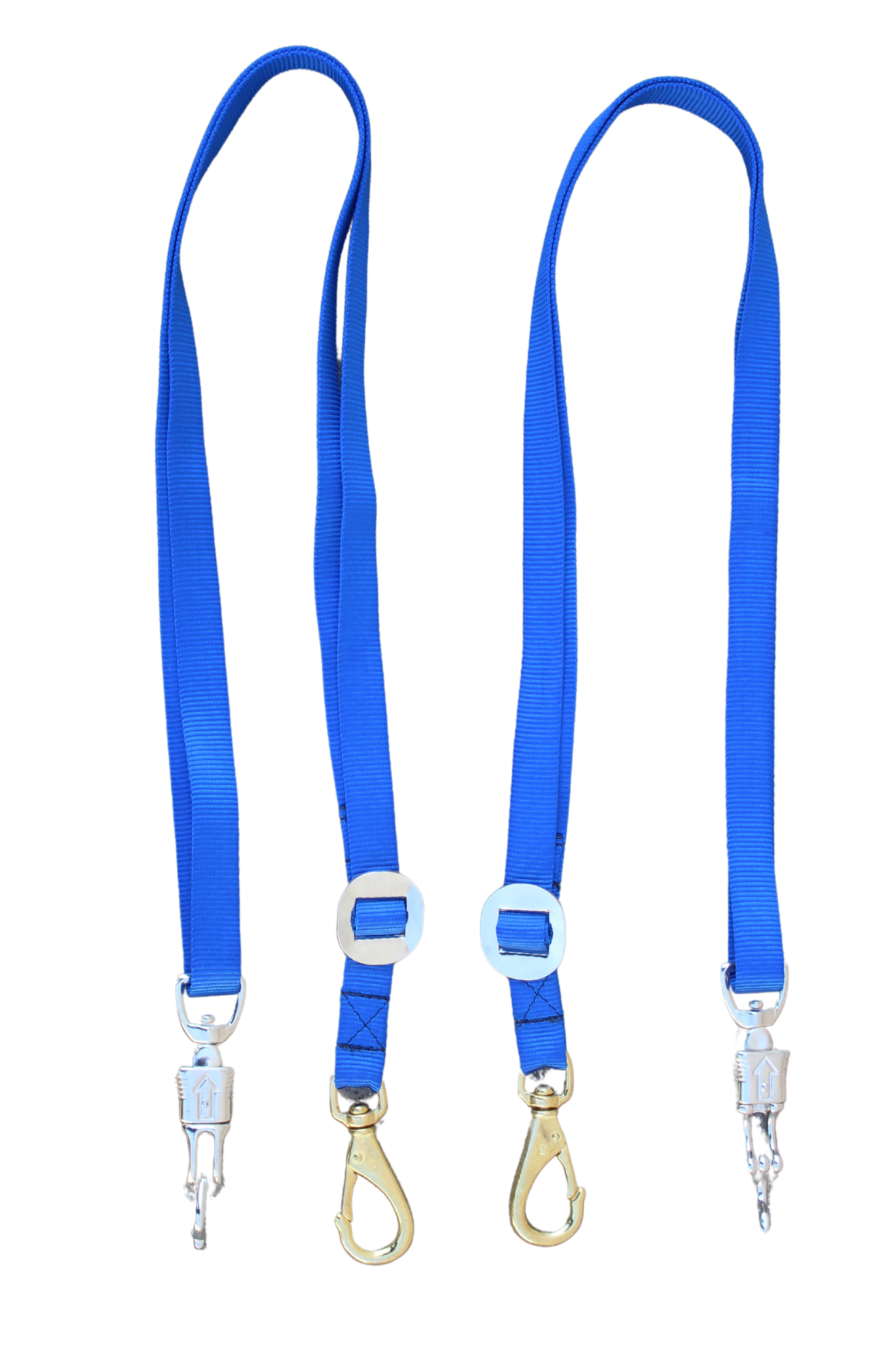 A pair of blue nylon cross ties with metal clasps and buckles.