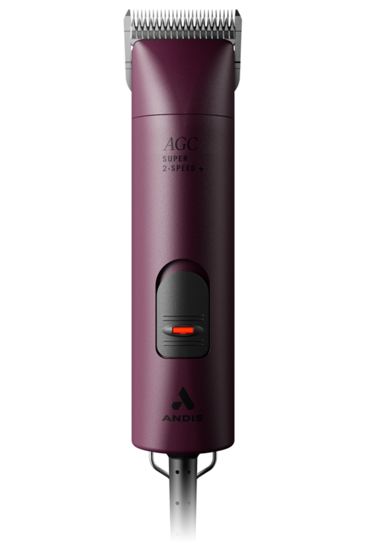 A professional Andis clipper with a purple and black color scheme, featuring a 2-speed setting and a locking switch button. The clipper includes a size 10 UltraEdge blade and has a maintenance-free design with a sealed motor.