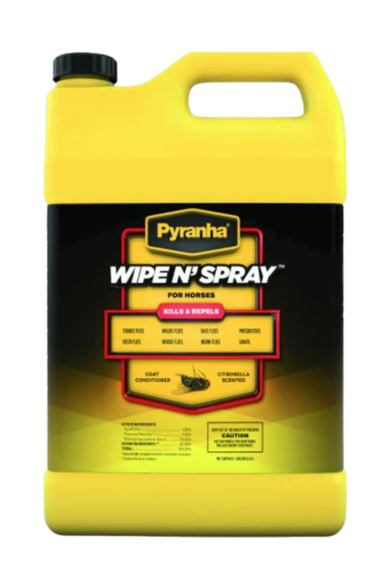 A yellow spray bottle labeled 'Pyranha Wipe N' Spray' with black text, used for animal fly protection and coat conditioning.