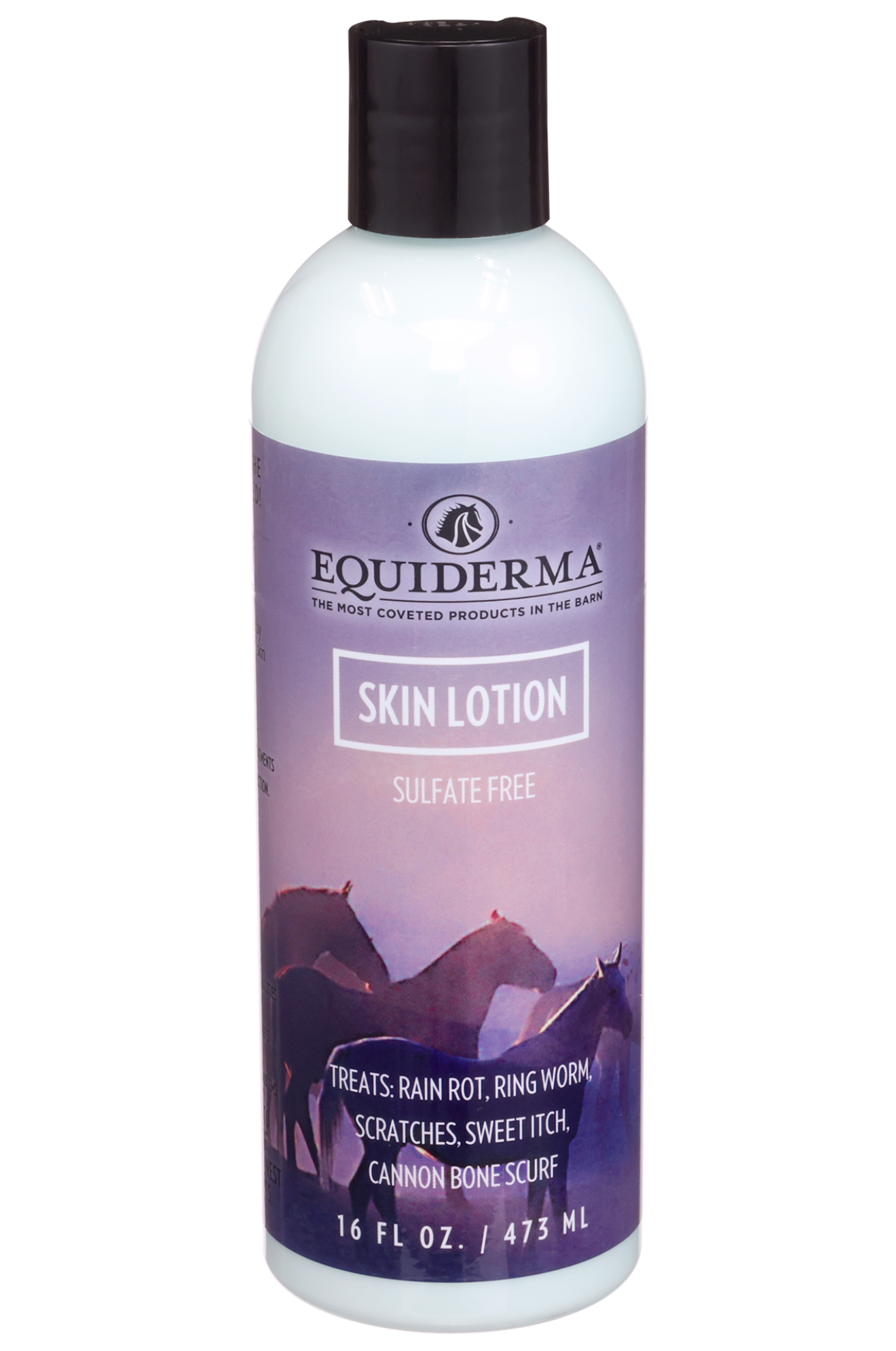 A bottle of Equiderma Skin Lotion with a label featuring an image of a horse.