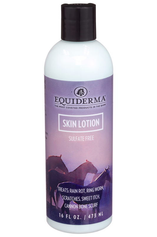 A bottle of Equiderma Skin Lotion with a label featuring an image of a horse.