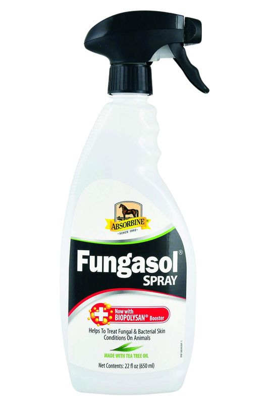 A white spray bottle with a black nozzle labeled 'Fungasol Spray' by ABSORBINE.