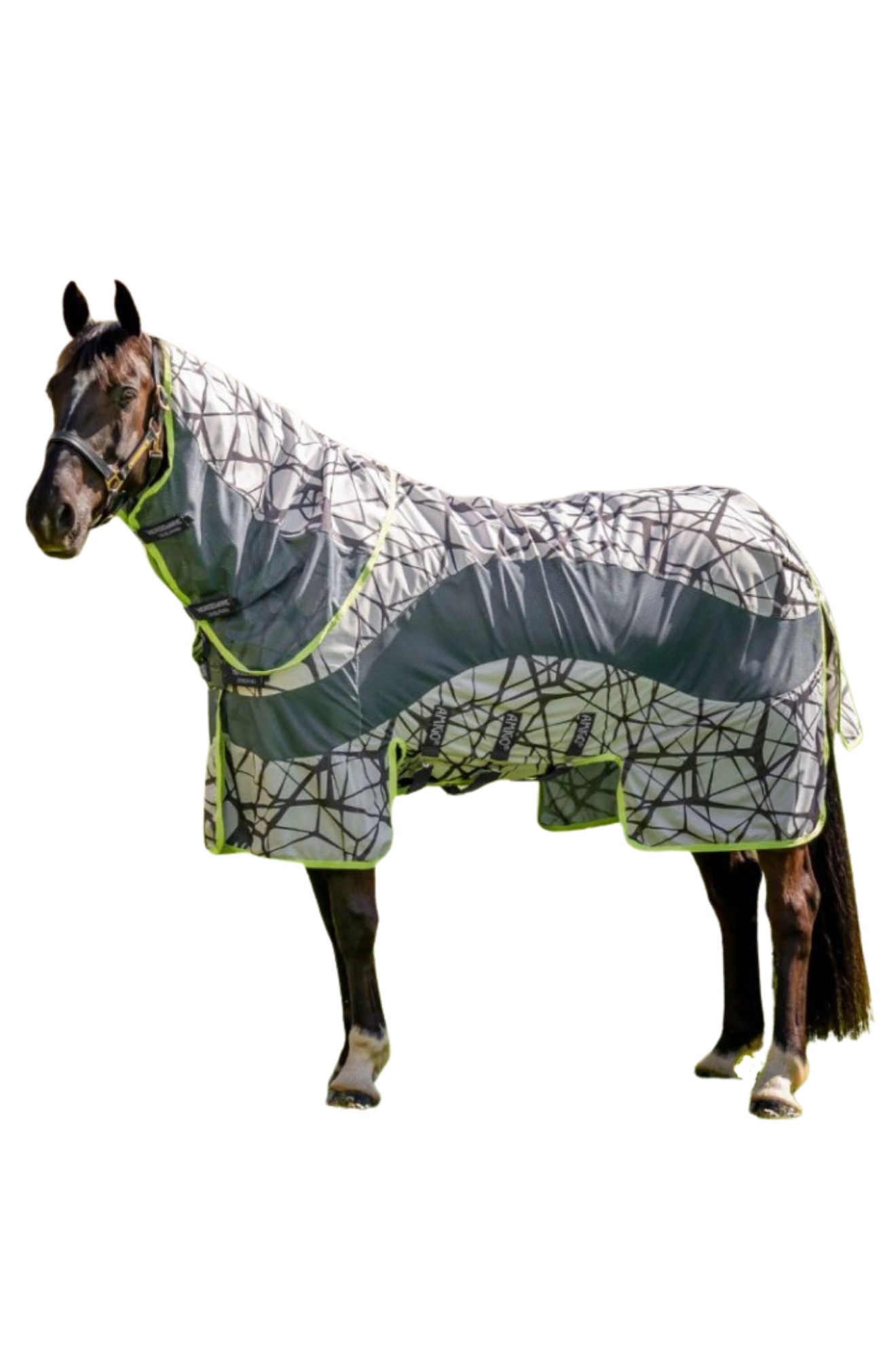 A mannequin horse wearing a gray camouflage fly sheet with orange trim.