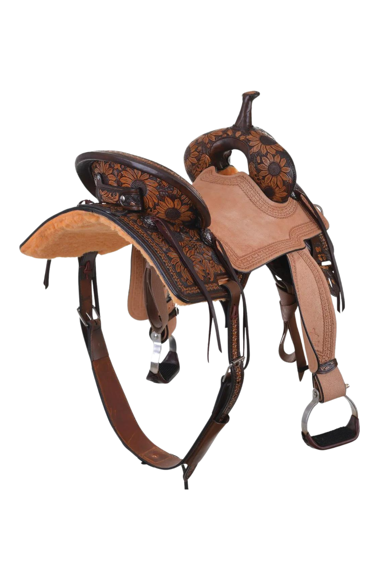 A brown western saddle with sunflower design and custom border tooling, including a matching flank cinch, made by Circle Y.