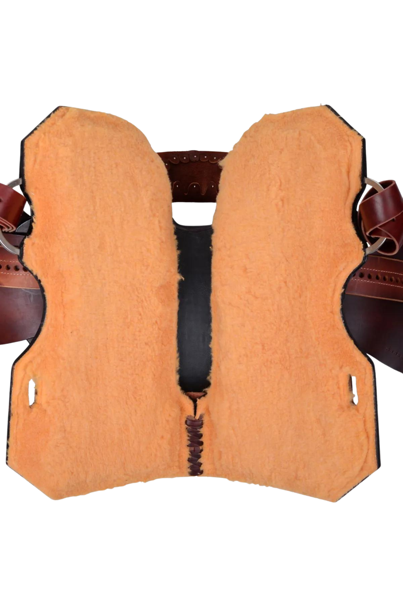 A brown Circle Y Redwood Barrel Saddle featuring chestnut roughout leather, gunmetal conchos, and a hardseat.