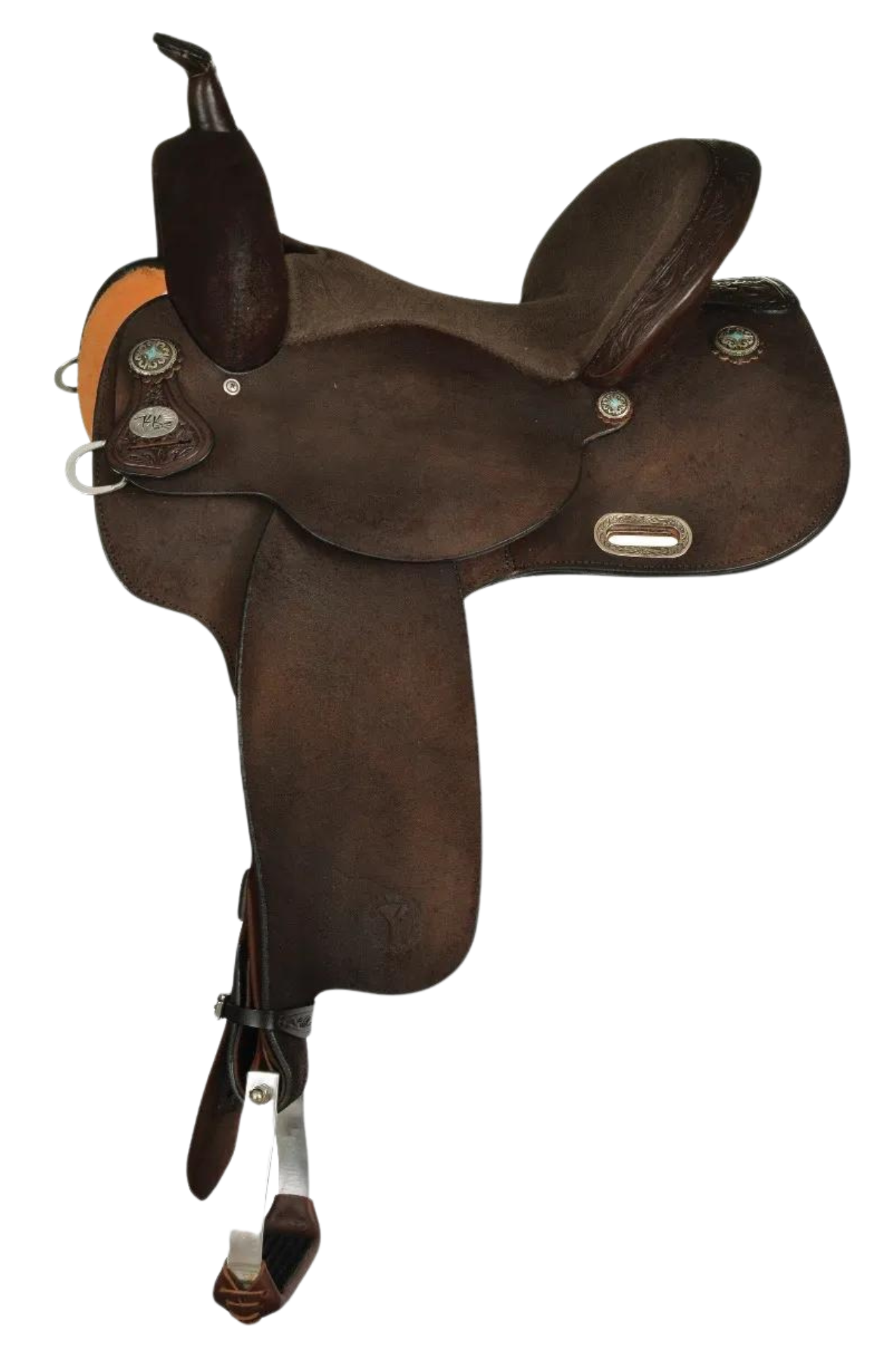 A brown Circle Y Kelly Kaminski barrel saddle with a wooden tree, designed for western riding.