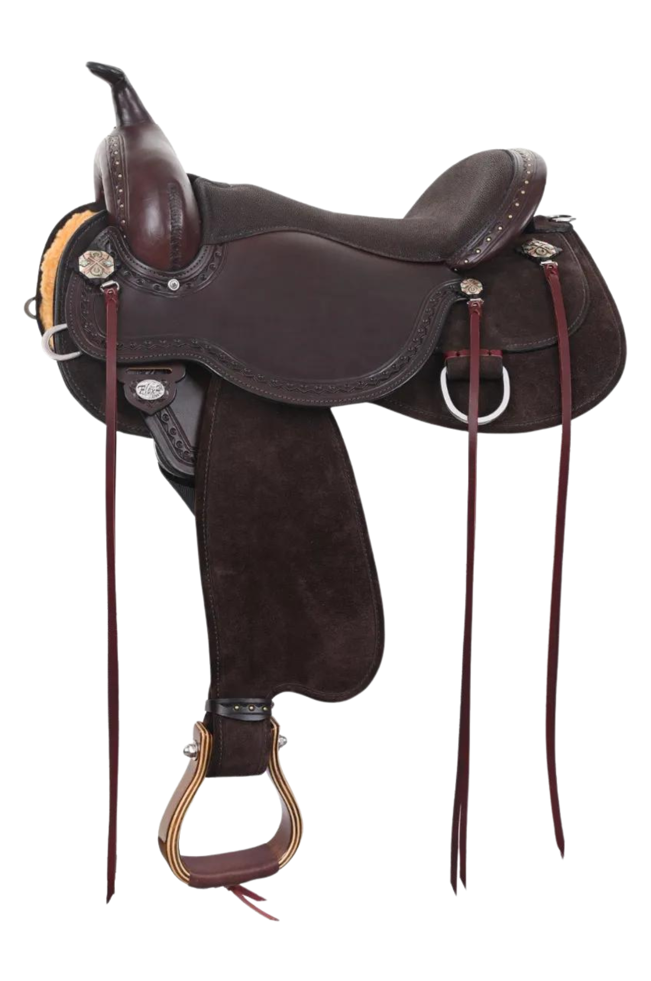 A chocolate brown Circle Y Harper Flex 2 Hybrid Trail Saddle with a brown suede seat, brown straps, and metal hardware.