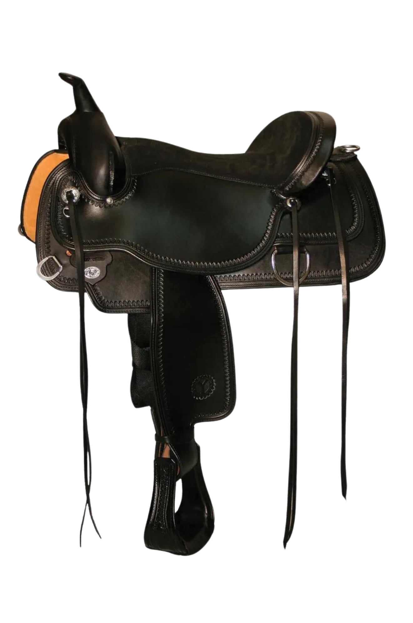 A black Circle Y Topeka Flex2 trail saddle with silver conchos and stainless steel hardware, featuring a full shell tooling design.