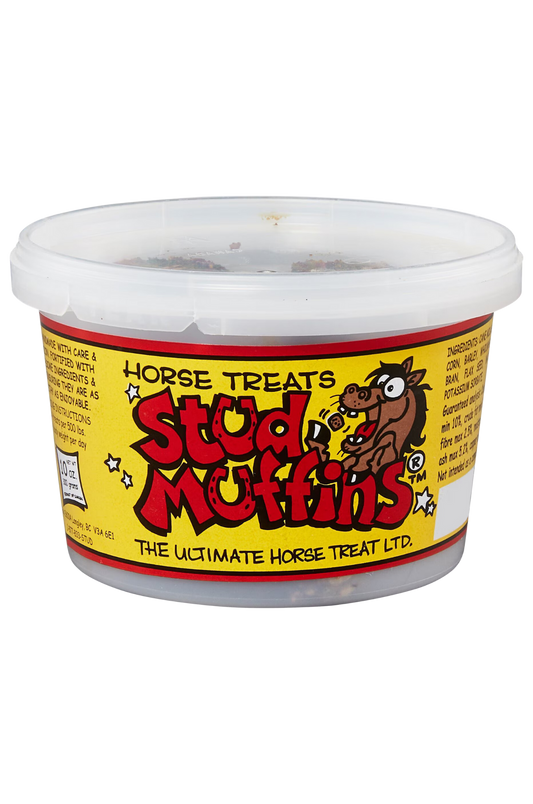 A tub of Stud Muffin horse treats with a label featuring an illustration of a horse and text detailing the product name and description.