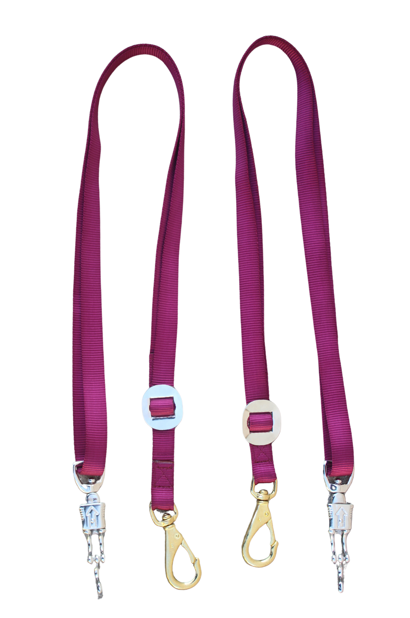 A pair of burgundy/marron nylon cross ties with metal clasps and buckles.