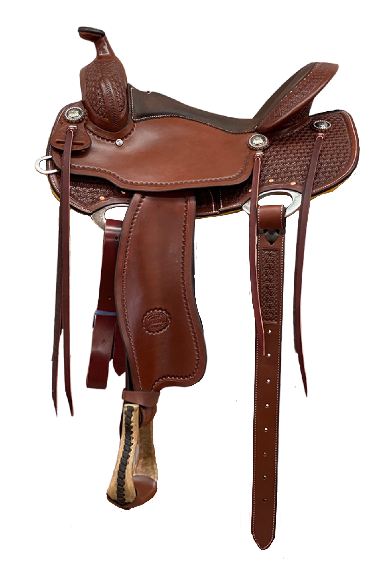 A brown Billy Cook BW Impact Gel Trail Saddle with pre-turned fenders and tooling.