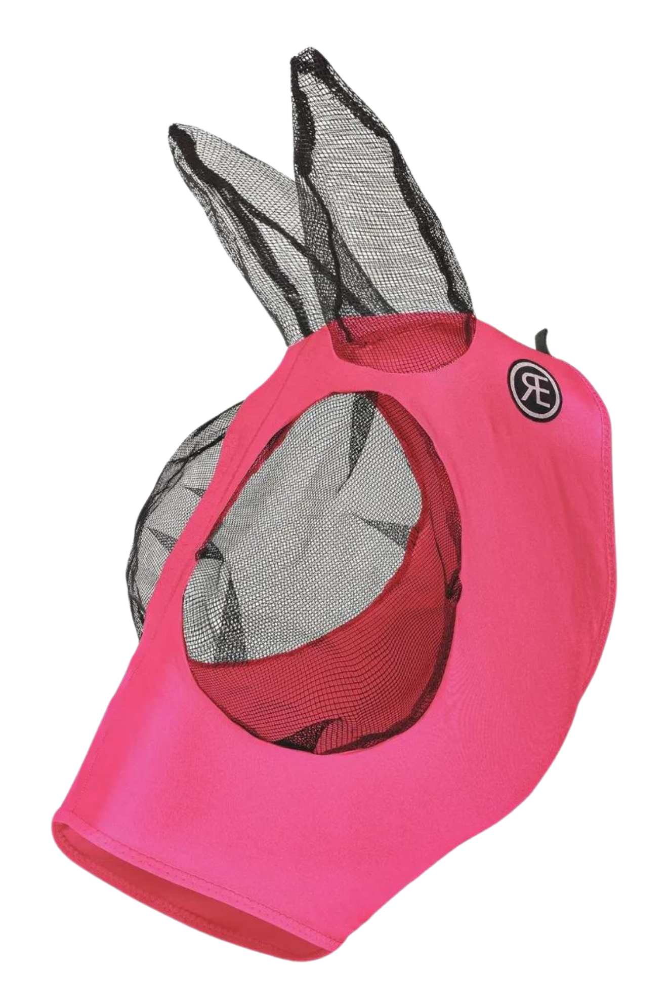 Reinsman Lycra Fly Mask for horses with black mesh covering over the ears and eyes, displayed against a white background.