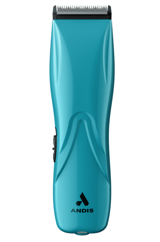 A cordless clipper with a blue body and black detailing, featuring the ANDIS logo on the front.