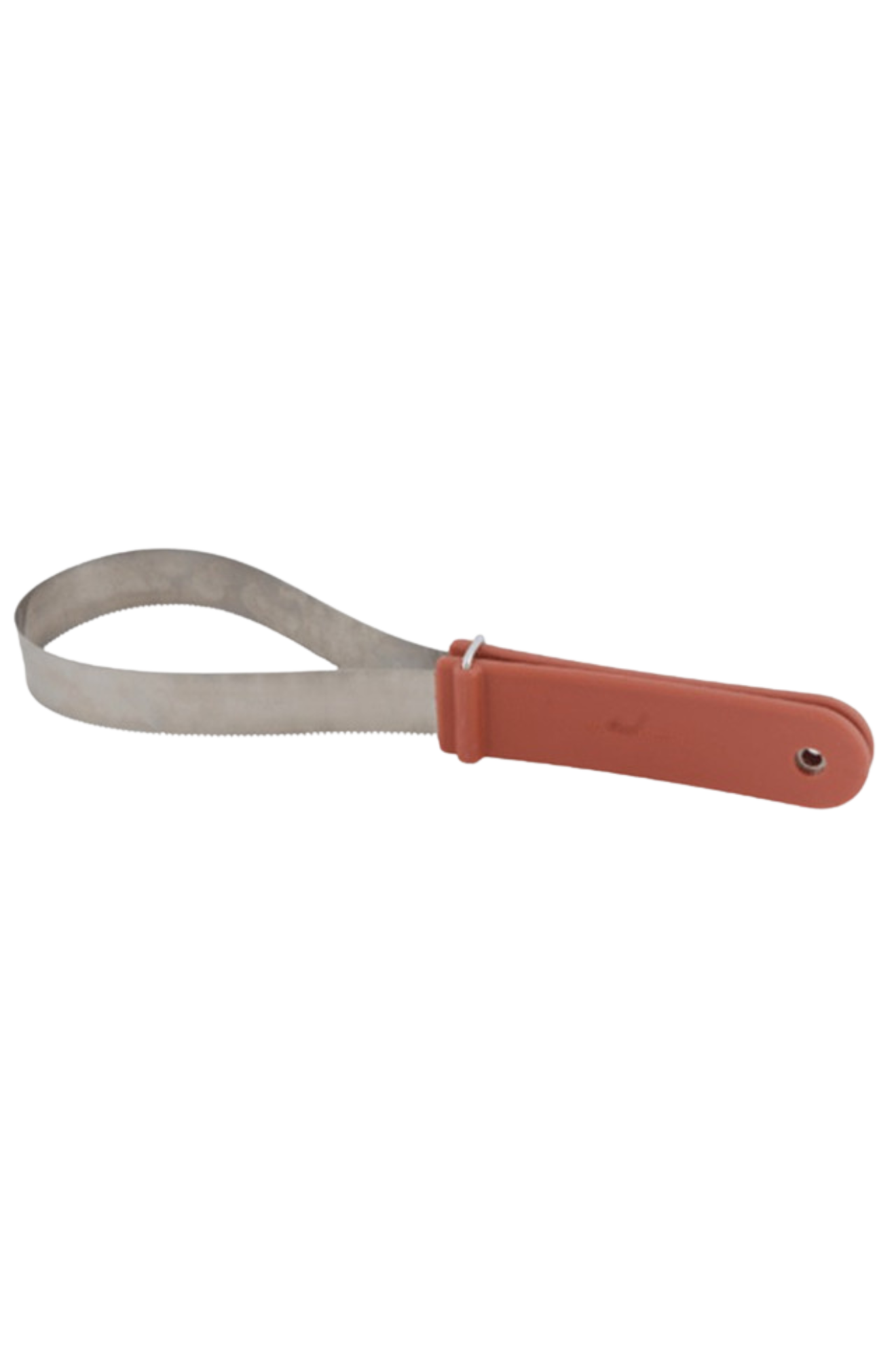 A stainless steel shedding blade with a red rubber handle.