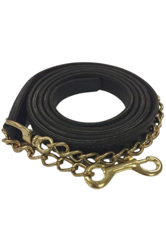 A black leather horse lead with a solid brass shank and chain.