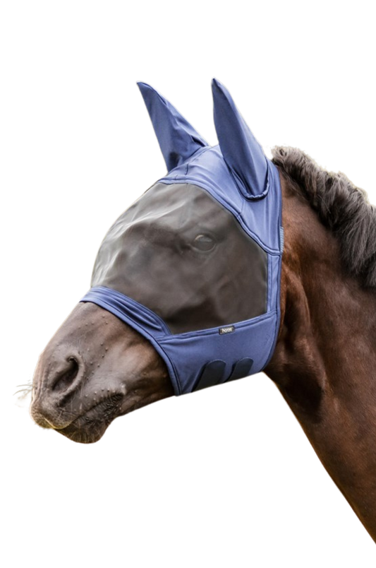 A horse wearing a blue full coverage net fly mask with soft fleece lining and micro mesh eye shield.