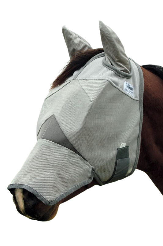 A beige horse fly mask covering the horse's eyes and nose with ears exposed.