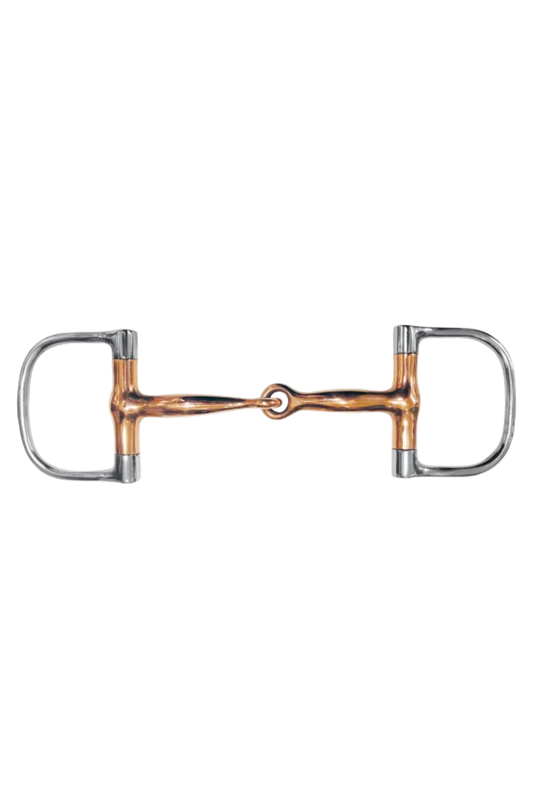 A CENTAUR joint copper barel dee bit for horses, showing a polished silver-colored bit with a central joint and barbels on each end.