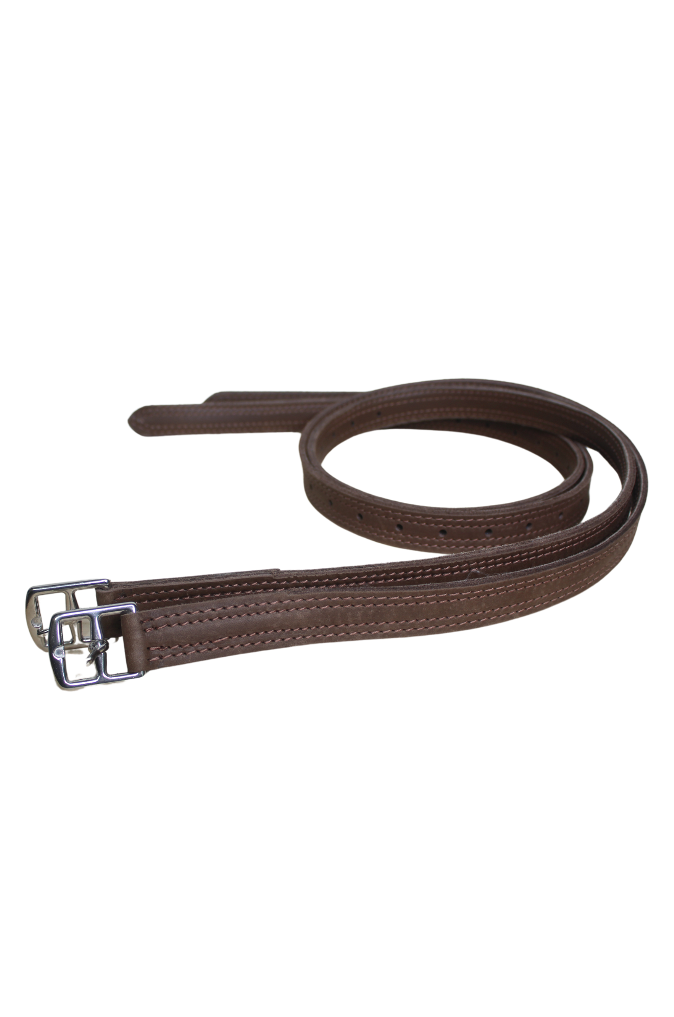 A brown exercise leather stirrup for horses, showing the side profile with reinforced stitching and a metal buckle.