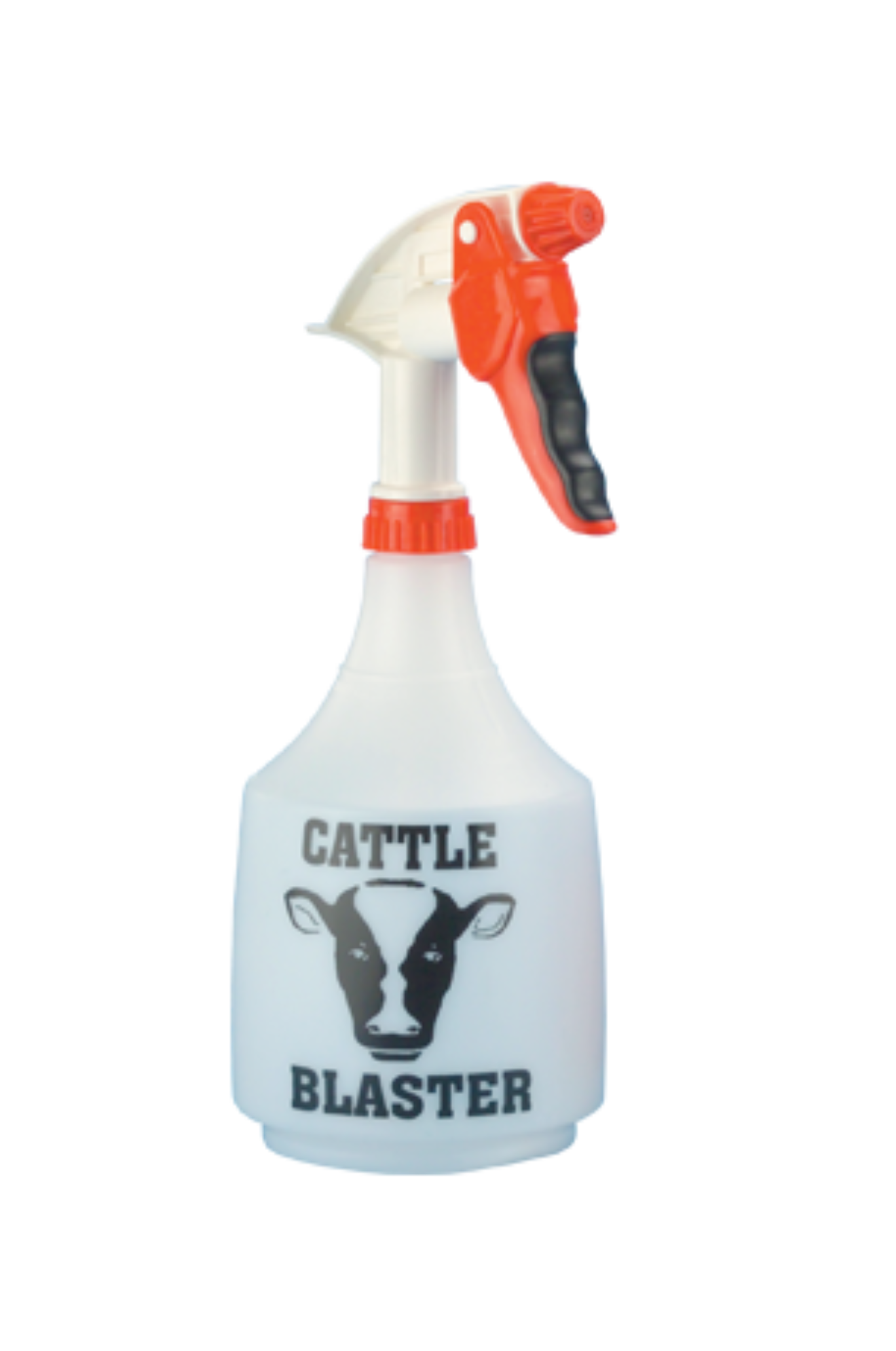 A white spray bottle with black cattle blaster graphic and a red trigger.
