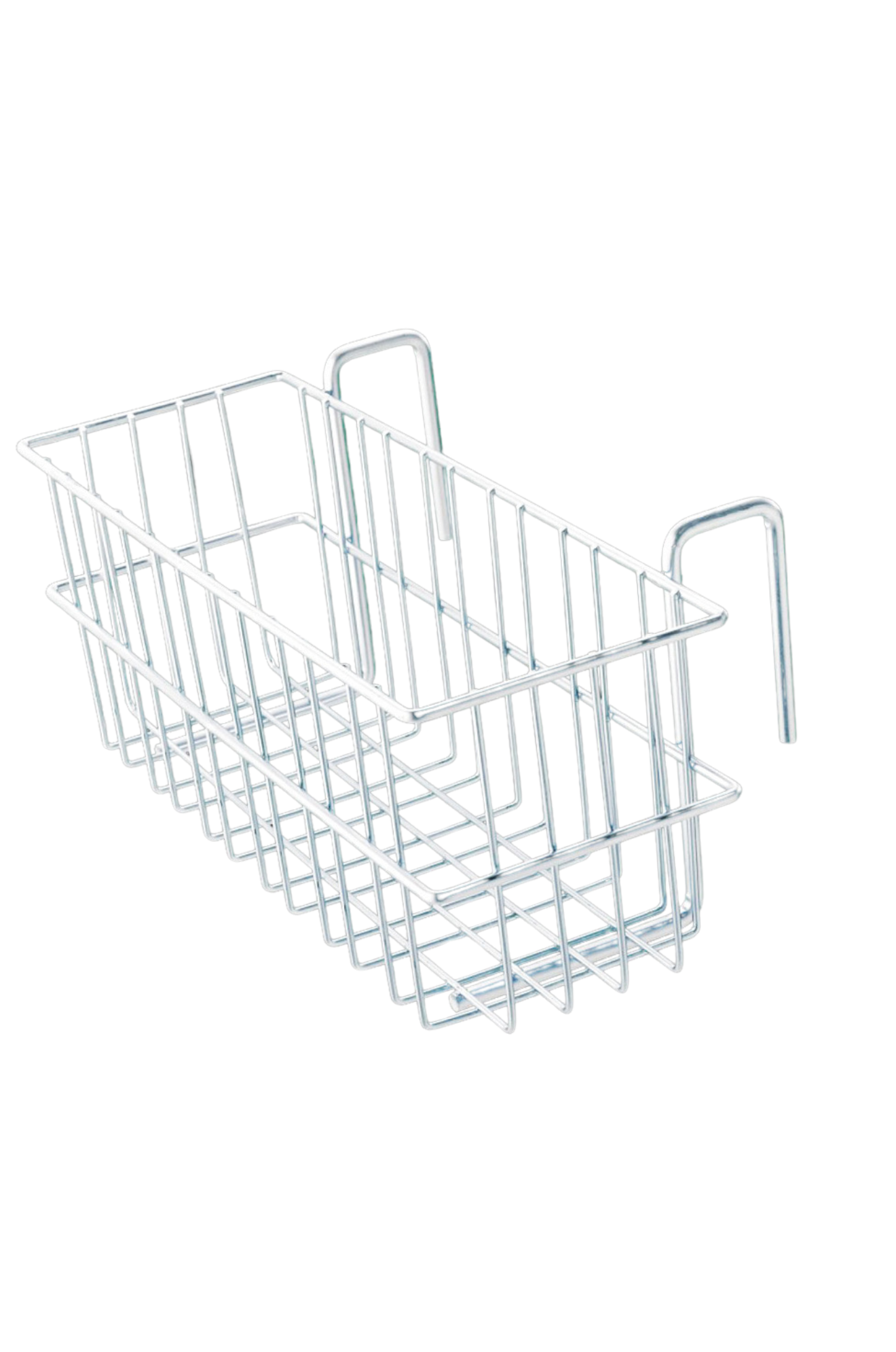 A narrow steel wire basket with a zinc plated finish, designed for organizing items in a stable or store setting.