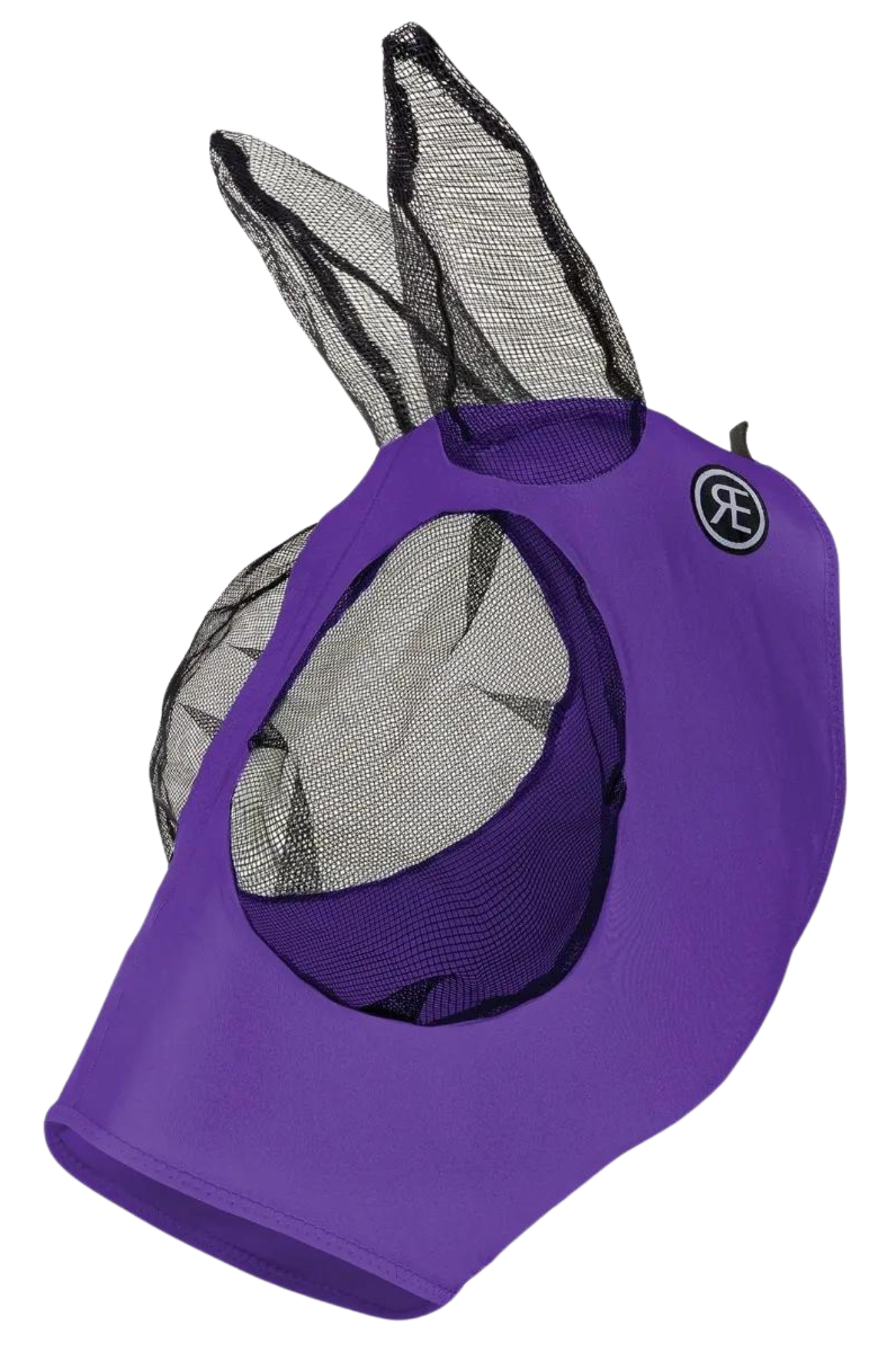 Reinsman Lycra Fly Mask for horses with black mesh covering over the ears and eyes, displayed against a white background.