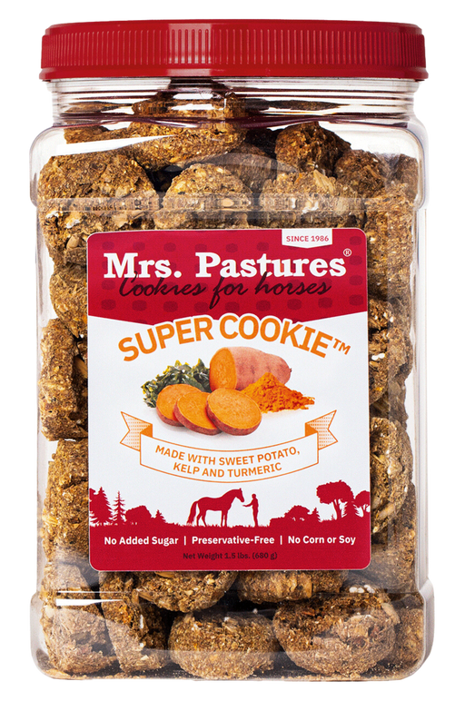 A plastic jar containing horse cookies with the label 'Mrs. Pastures Super Cookie' on the front.