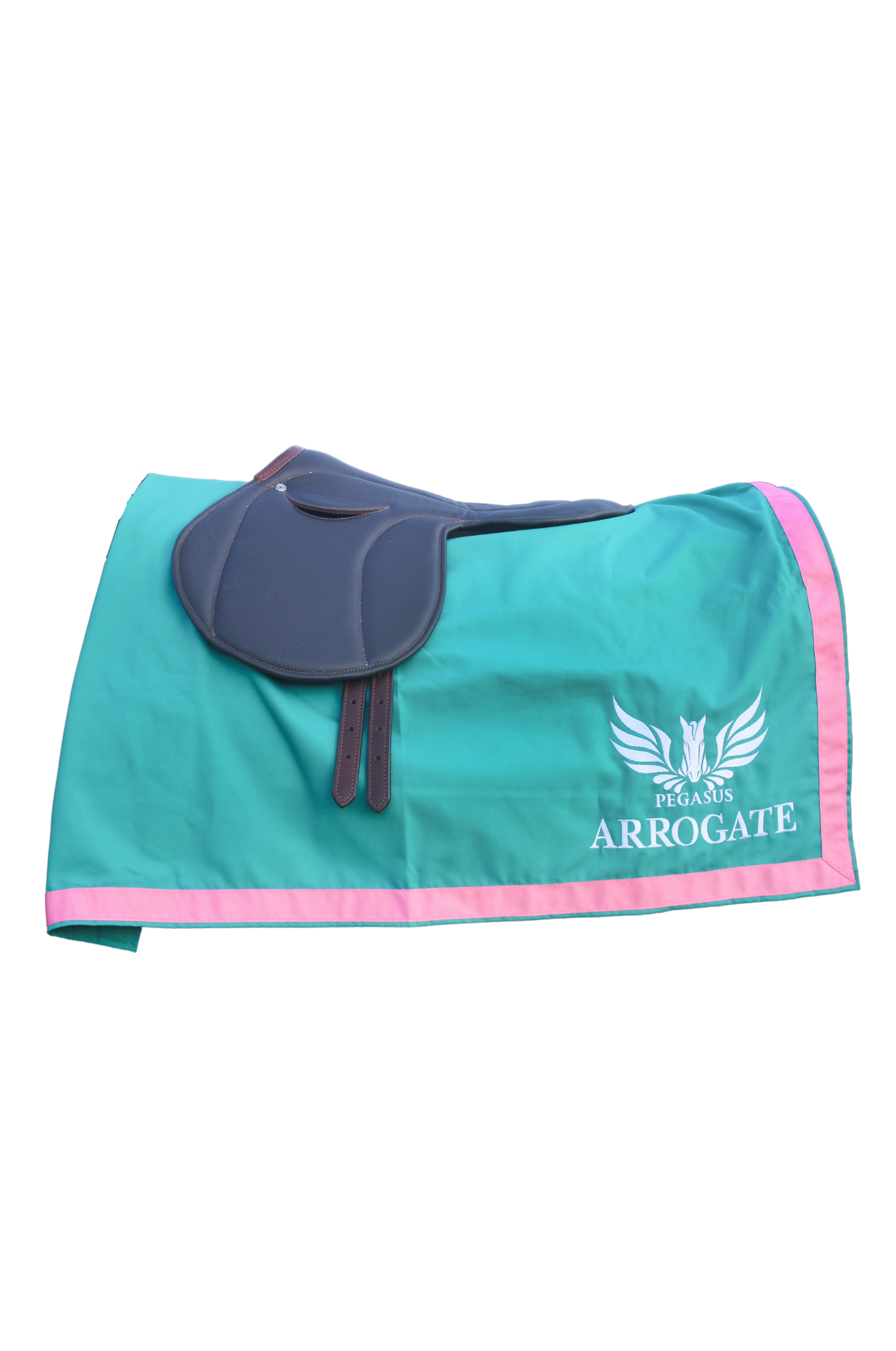 A custom saddle towel with blue, white, and pink colors, featuring embroidery on the sides.
