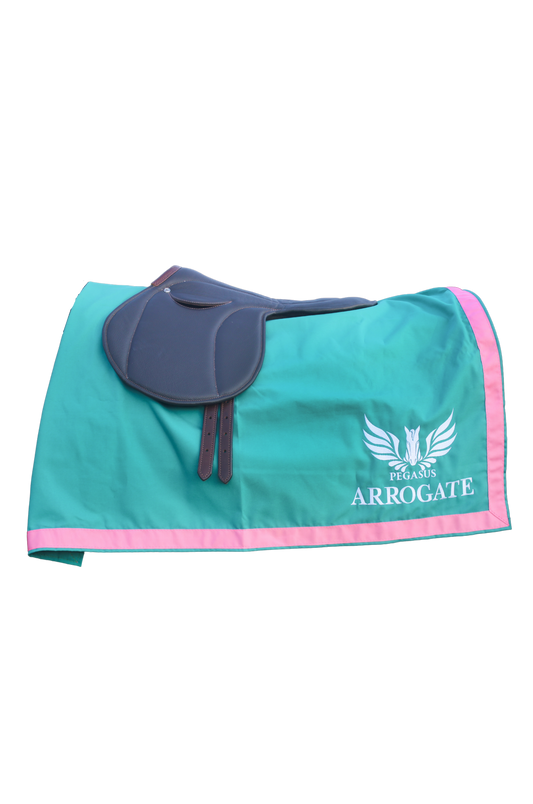 A custom saddle towel with blue, white, and pink colors, featuring embroidery on the sides.