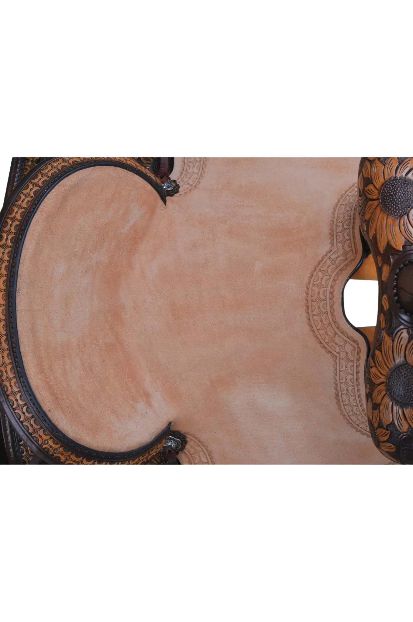 A brown western saddle with sunflower design and custom border tooling, including a matching flank cinch, made by Circle Y.