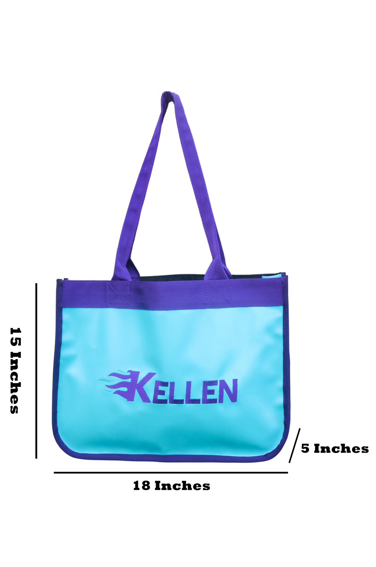 A red and blue paddock bag with a large yellow horseshoe logo on the front and purple straps.