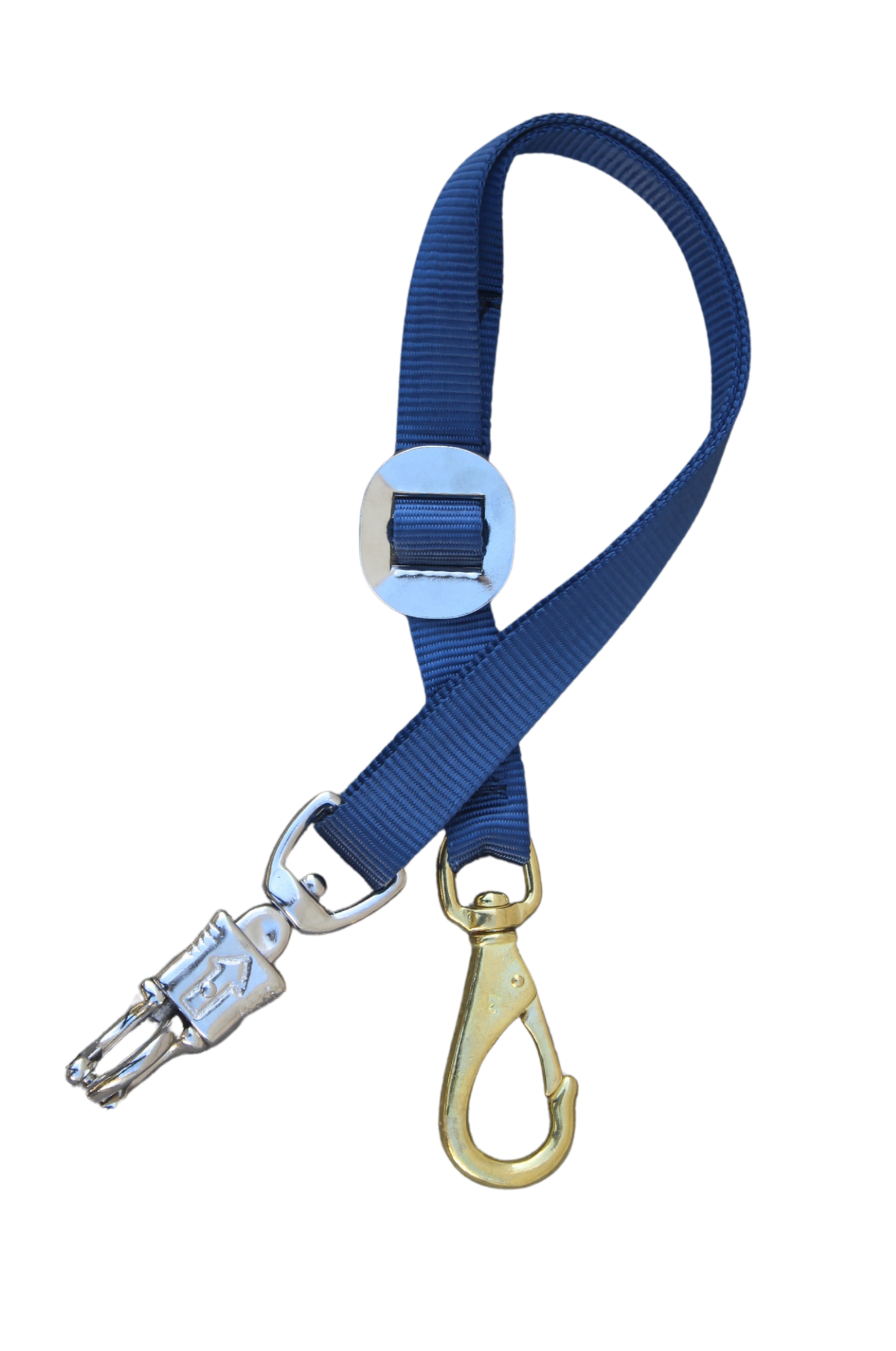 A navy blue nylon trailer tie with a bull snap on one end and a panic snap on the other.
