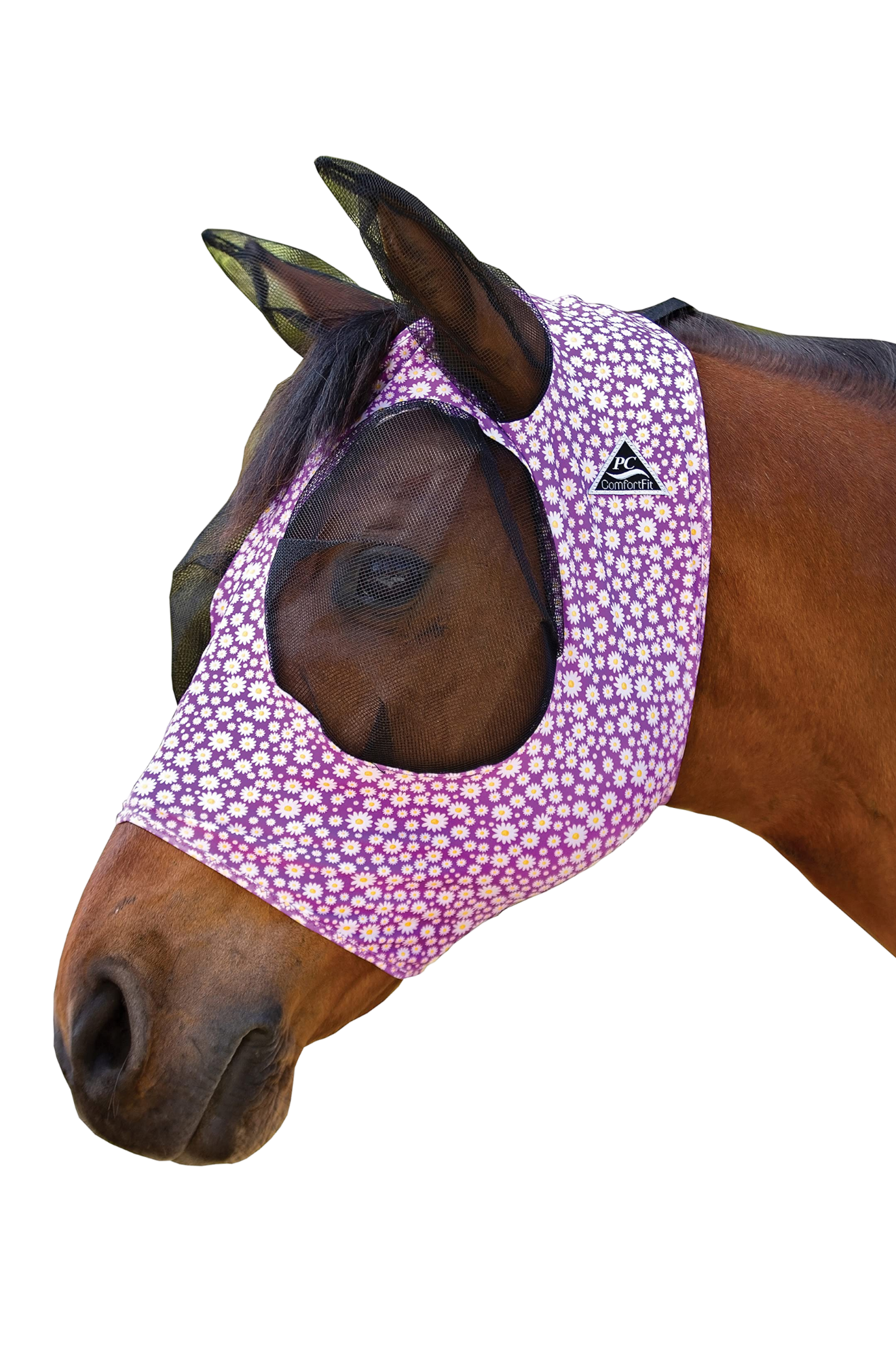 A gray horse wearing a fly mask with a comfort-fit design, featuring smooth lycra fabric, mesh around the eyes and ears, and a forelock opening.