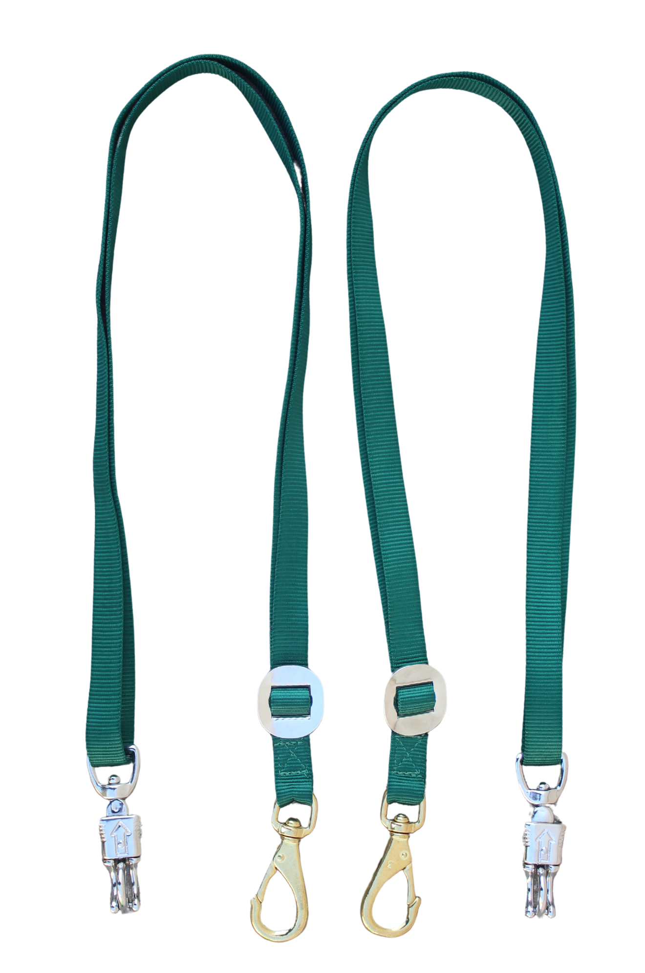 A pair of hunter green nylon cross ties with metal clasps and buckles.
