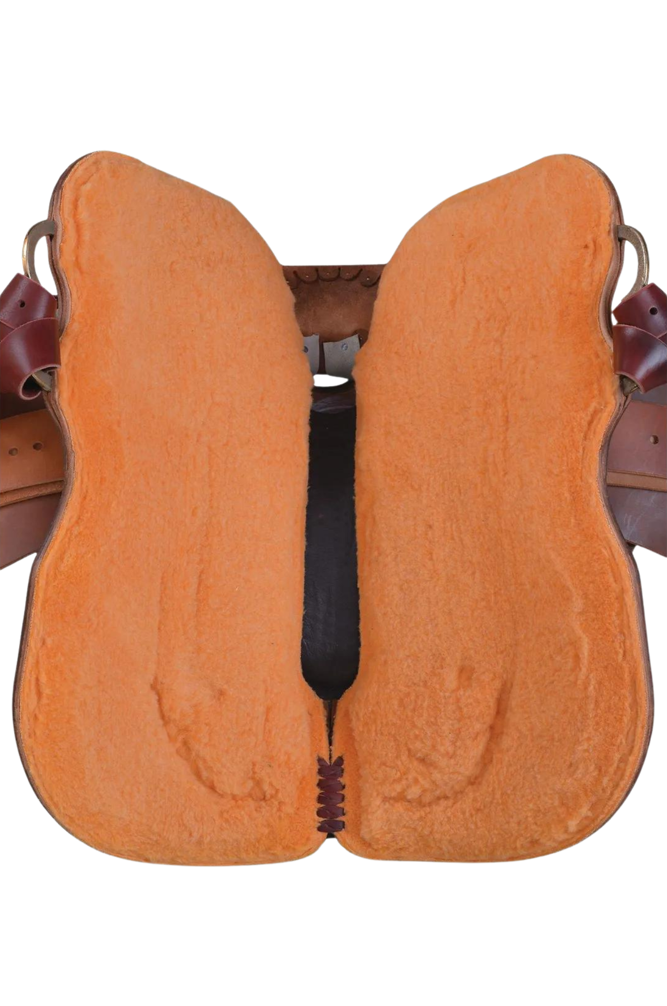 A brown leather saddle with rawhide accents and brass hardware, designed for ranch work with a deep seat and a large horn.