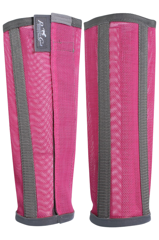 A pair of pink fly boots for horses with gray accents, featuring mesh upper material and neoprene bottom liner.