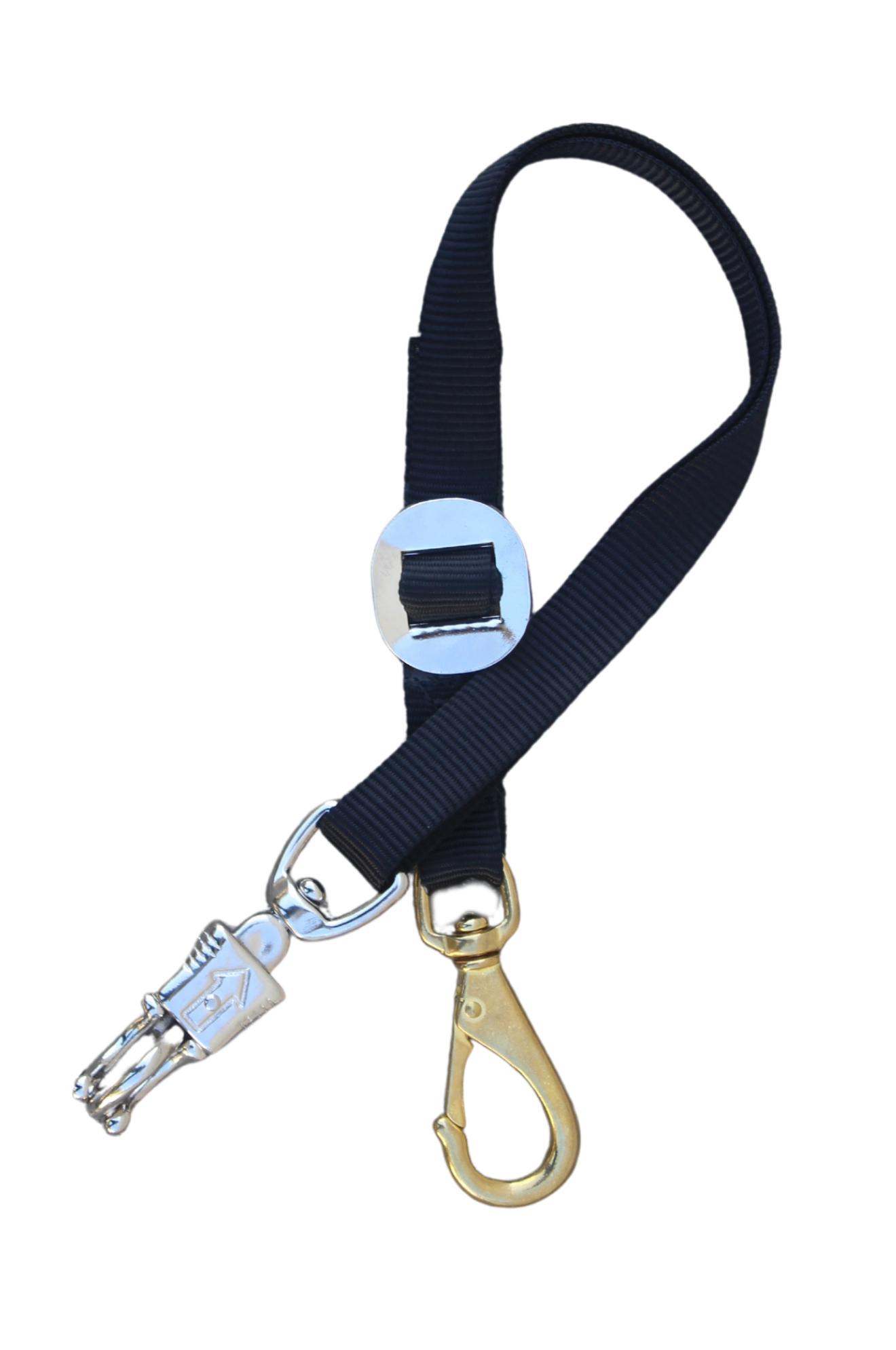 A black nylon trailer tie with a bull snap on one end and a panic snap on the other.