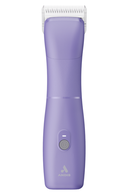 A purple ANDIS clipper with a detachable cord, designed for animal grooming.