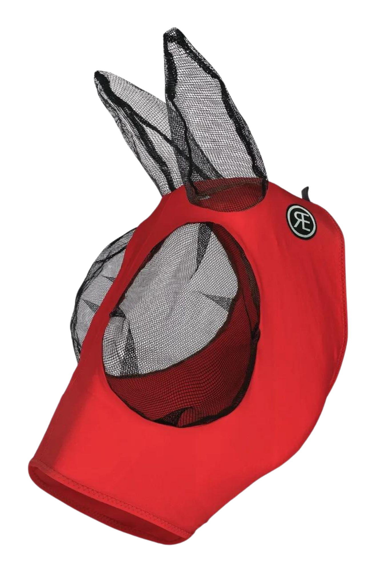 Reinsman Lycra Fly Mask for horses with black mesh covering over the ears and eyes, displayed against a white background.
